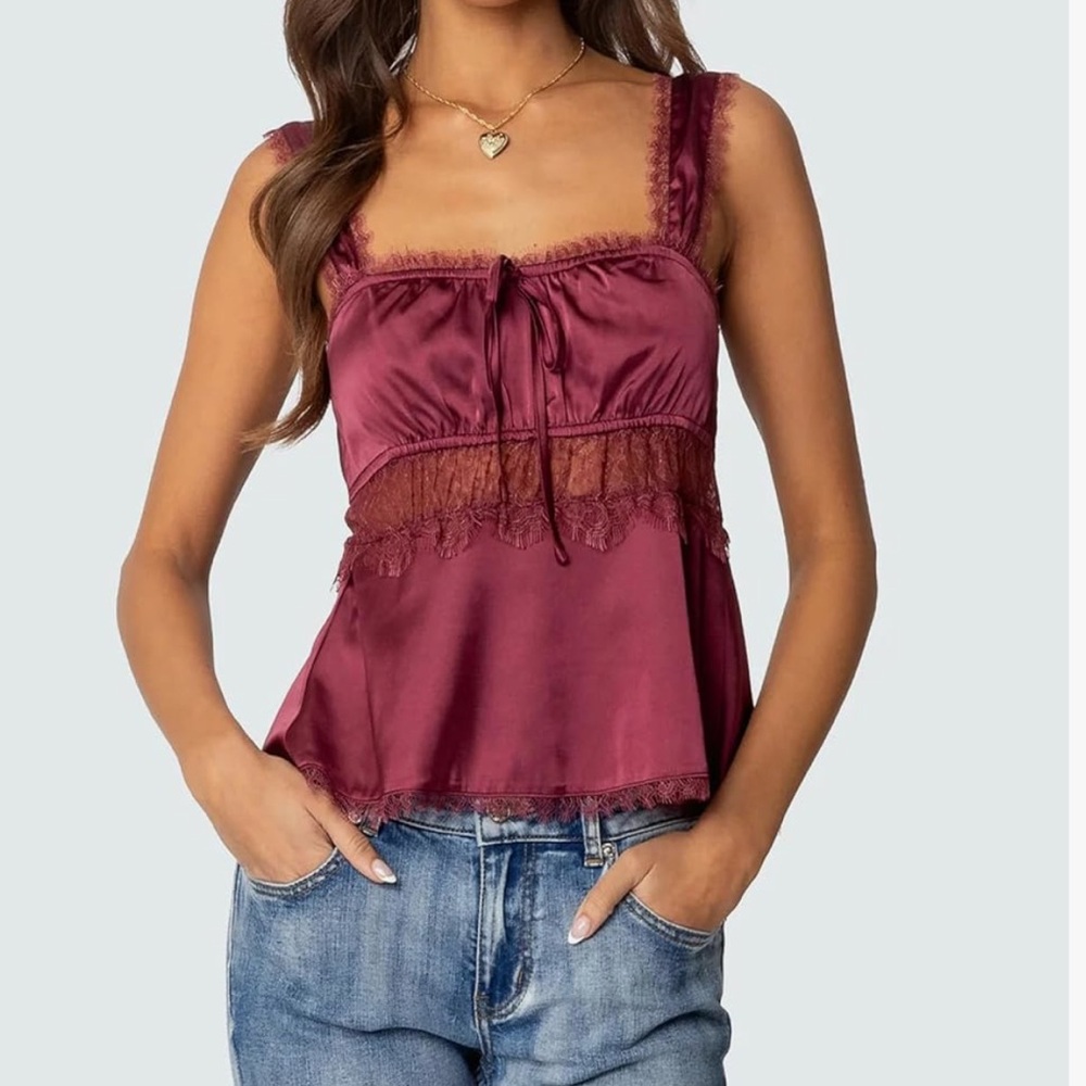 Red Lace Trim Satin Camisoles Y2K Top Fairy Top